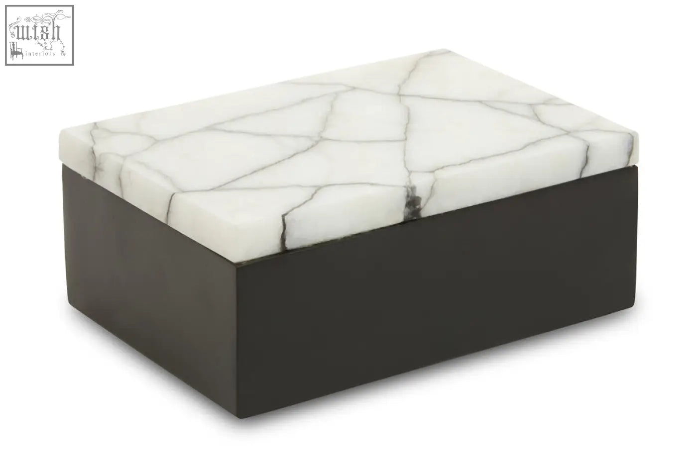 A small marble trinket box with a white marble top featuring black veining and a matte dark gray base