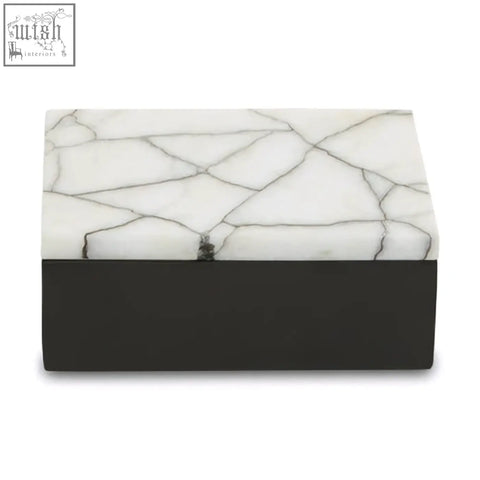 Marmara small marble trinket box with a sleek white marble top with black veining and dark gray base