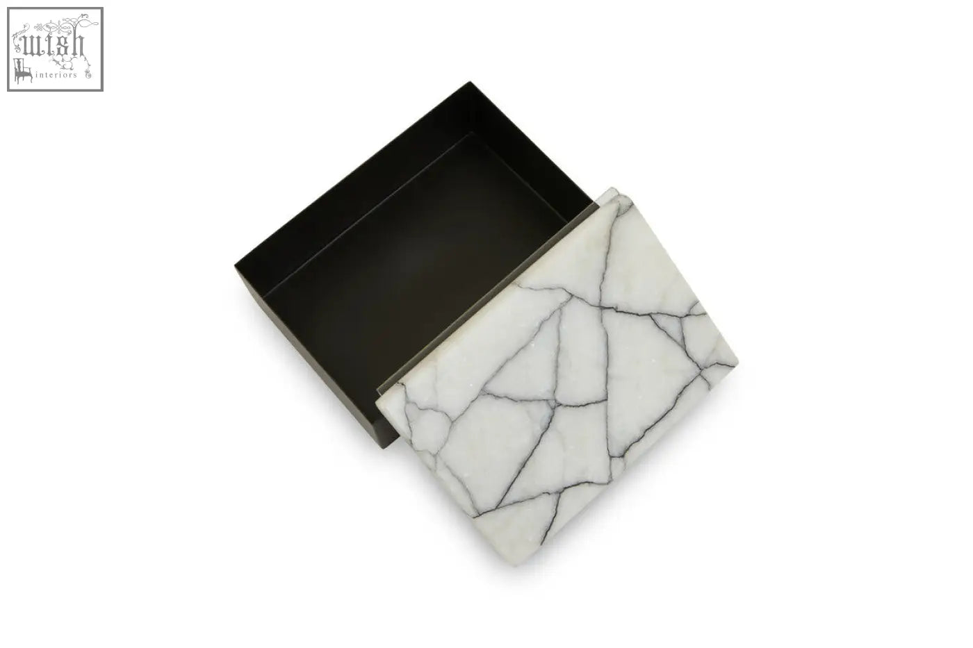 Small marble trinket box made of white marble with black veining and a matte black interior for stylish storage