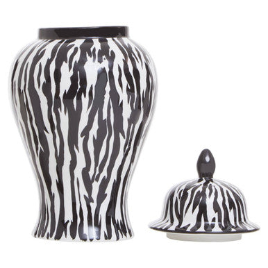 Black and white zebra-striped marmo large ceramic jar with matching lid perfect for stylish storage
