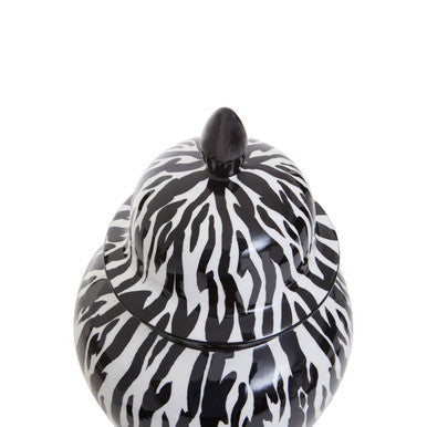 Black and white zebra-print marmo large ceramic jar with glossy finish and rounded lid topped by dark smooth knob