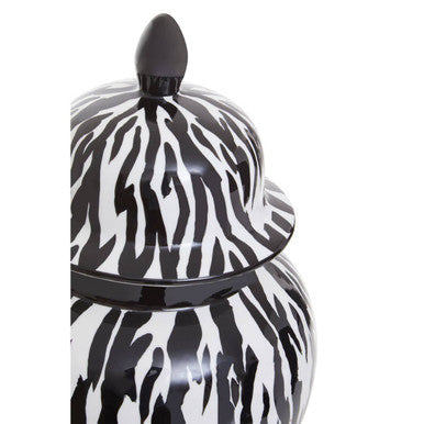 Marmo large ceramic jar with black and white zebra-striped glossy ceramic jar and matching lid