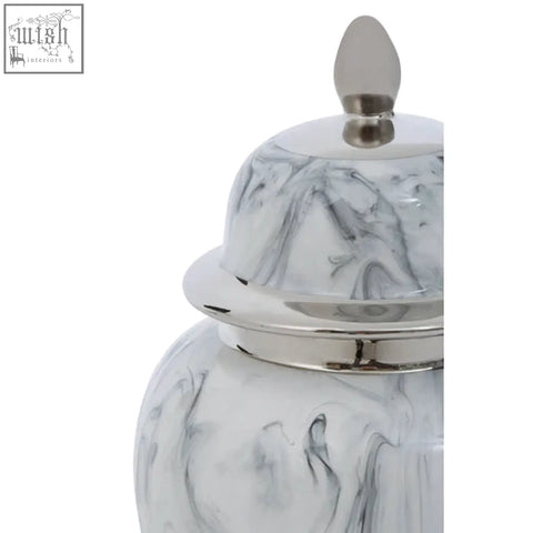 Silver and white marble effect large ceramic jar with marmo marble effect and metallic lid for stylish storage