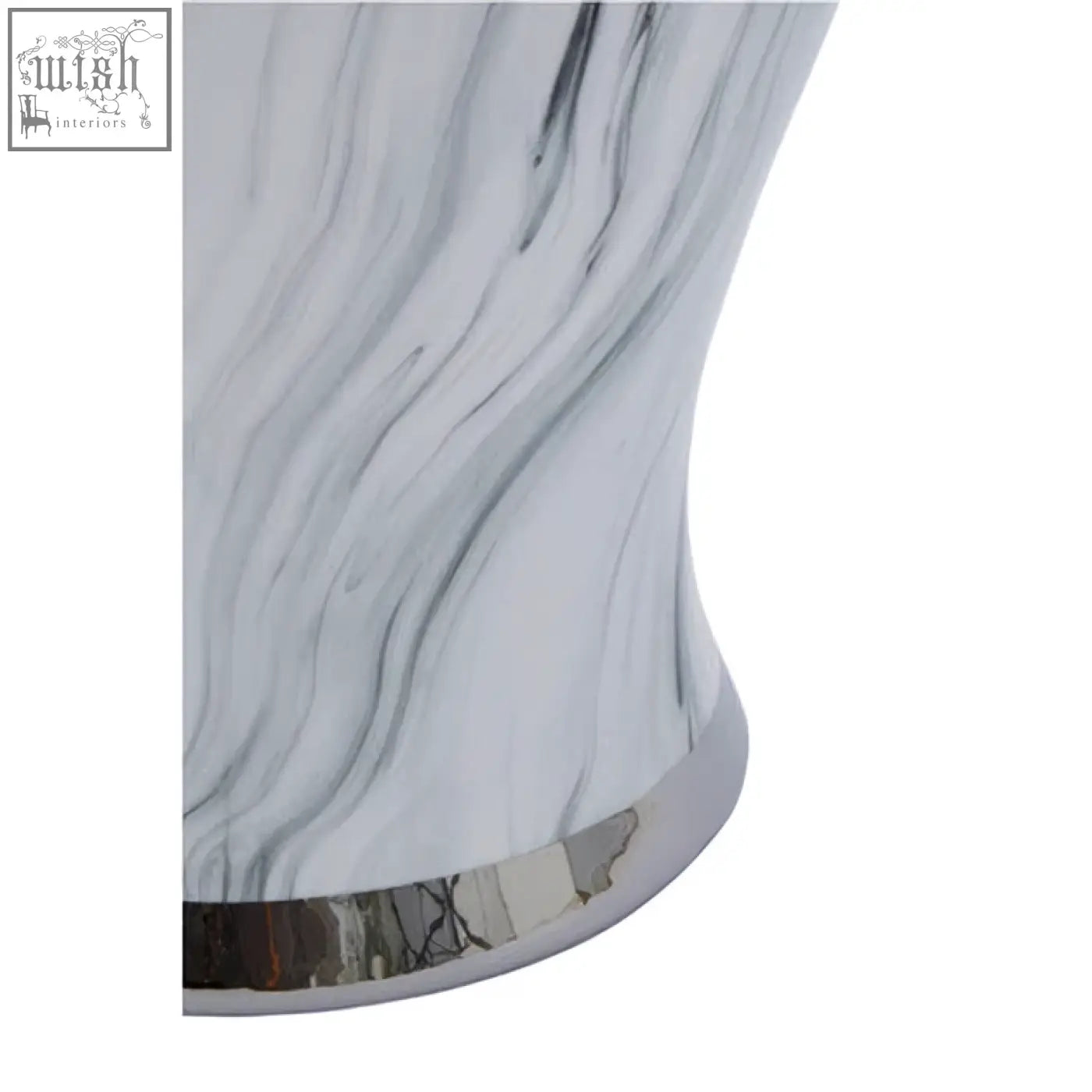 A sleek white and gray marble effect large ceramic jar with a polished chrome base in marmo marble effect design