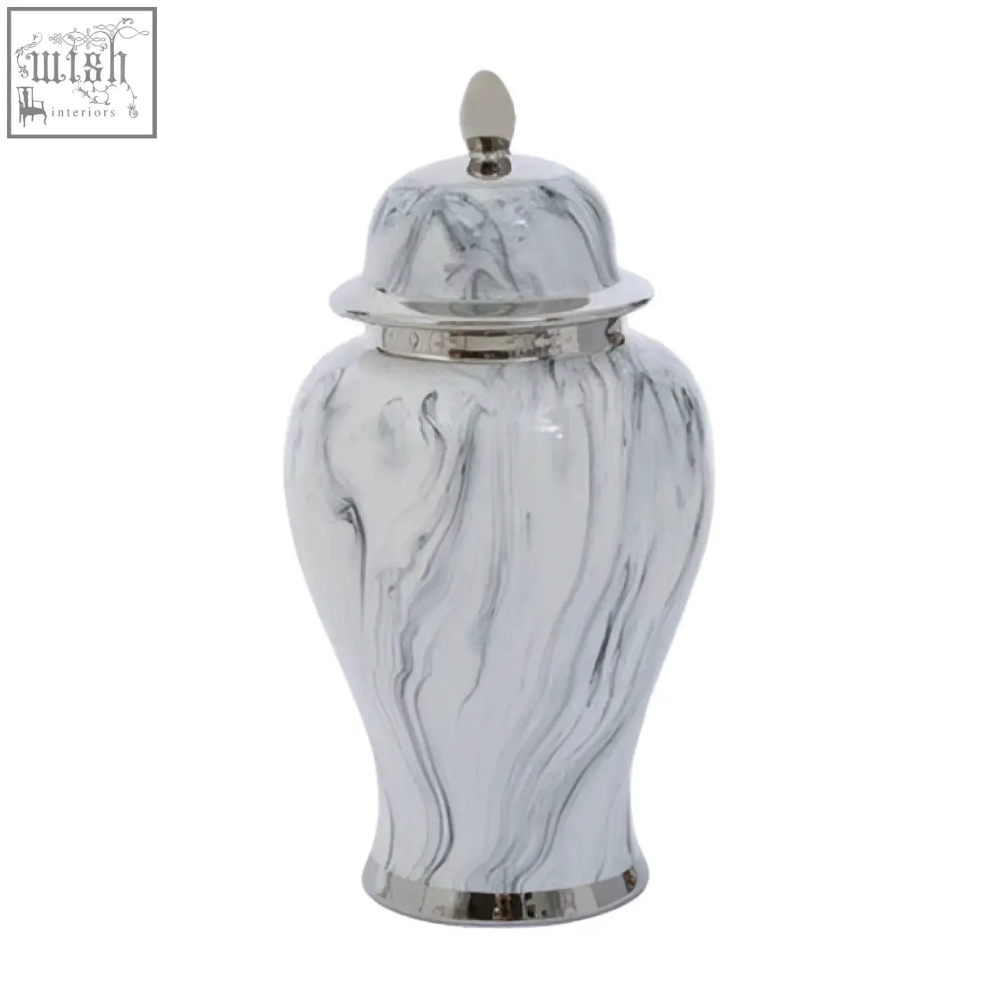White and silver ceramic jar with marmo marble effect large pattern and matching lid for stylish storage
