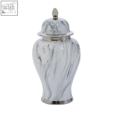 White and silver ceramic jar with marmo marble effect large pattern and matching lid for stylish storage