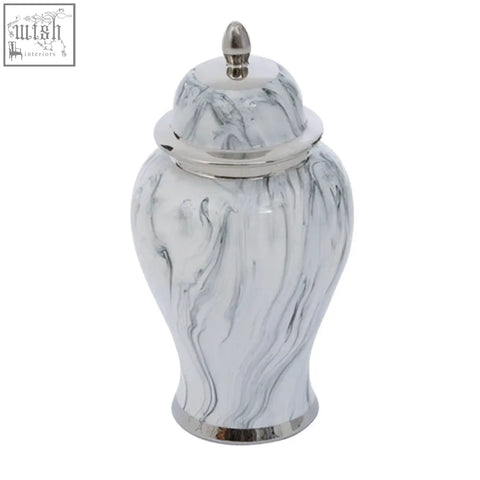 White and gray marble effect large ceramic jar with marmo marble effect and silver-toned metal lid and base