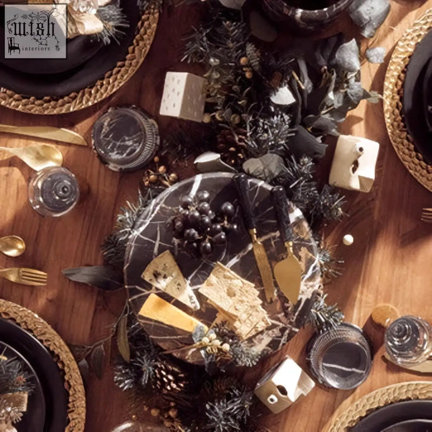 Black marble cake stand with gold accents perfect for serving marble cake and other desserts in style