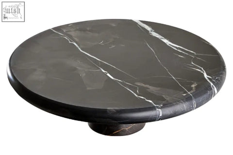 Marmore black and gold marble cake stand in black marble with white veining perfect for displaying marble cake