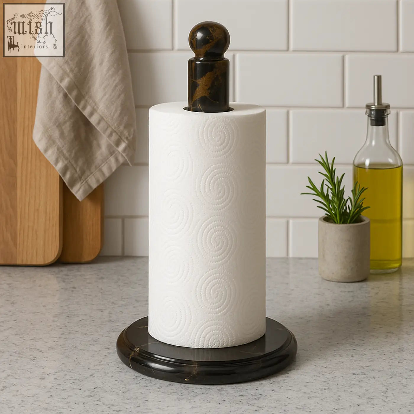 Dark marble kitchen roll holder with polished swirling pattern and rounded top knob perfect for gold marble kitchen use