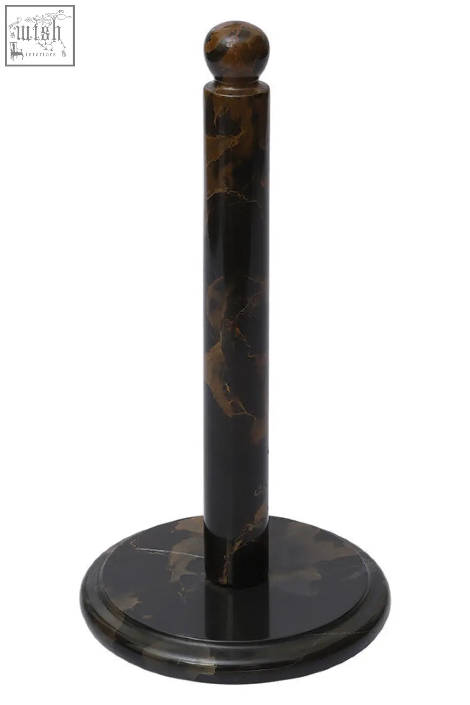 Elegant marmore black and gold marble kitchen roll holder with dark brown marble and swirling golden veining pattern
