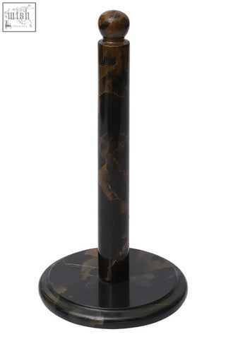 Elegant marmore black and gold marble kitchen roll holder with dark brown marble and swirling golden veining pattern
