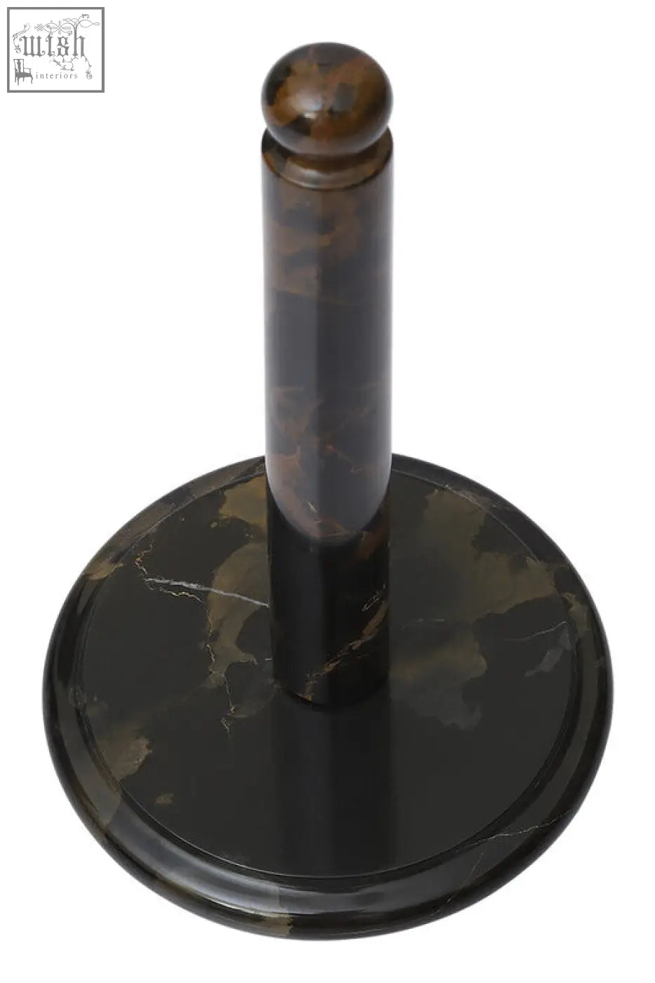 Elegant black marble kitchen roll holder with polished swirling brown and gold veining for gold marble kitchen decor
