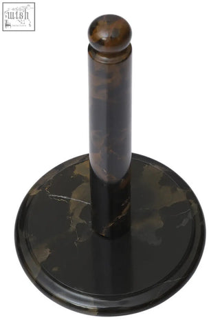 Elegant black marble kitchen roll holder with polished swirling brown and gold veining for gold marble kitchen decor