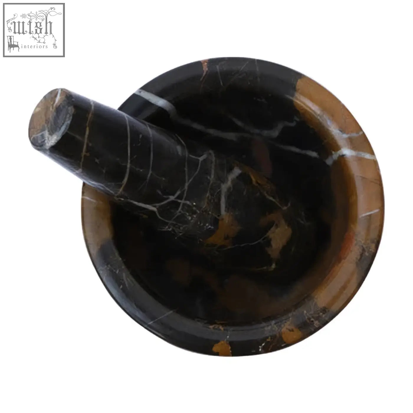 Black and gold marble mortar and pestle set with rich brown and black marble for grinding and crushing herbs