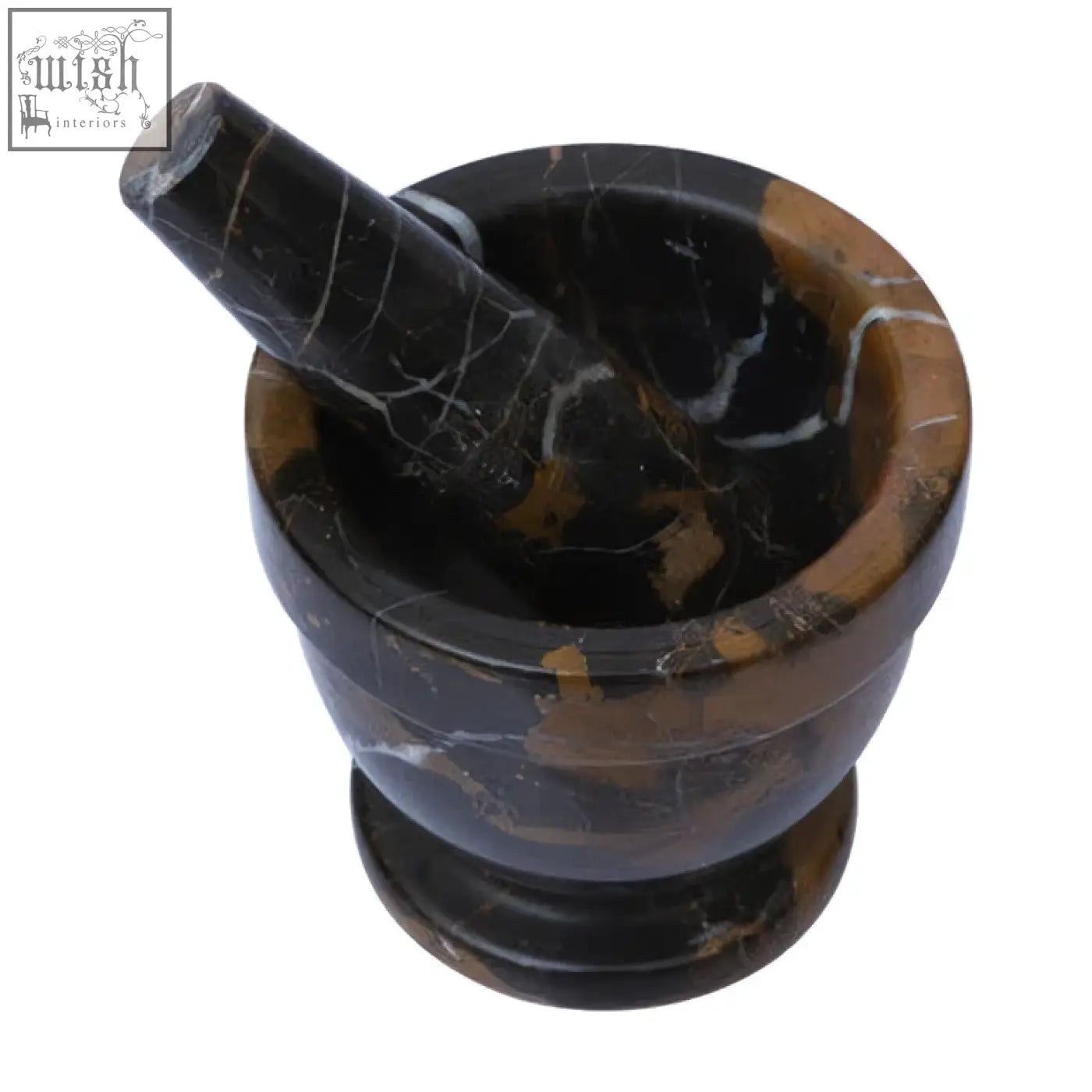 Black and brown gold marble mortar and pestle set made from natural gold marble for grinding and crushing herbs