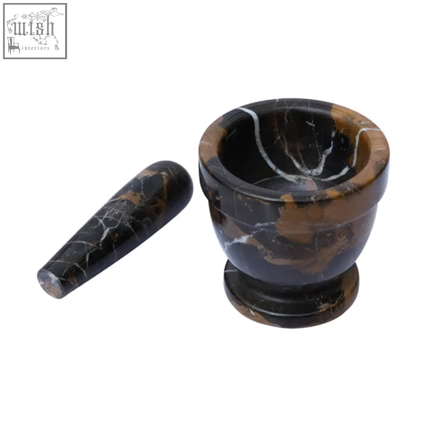 Marmore black and gold marble mortar and pestle set with smooth polished finish in black and brown marble mortar