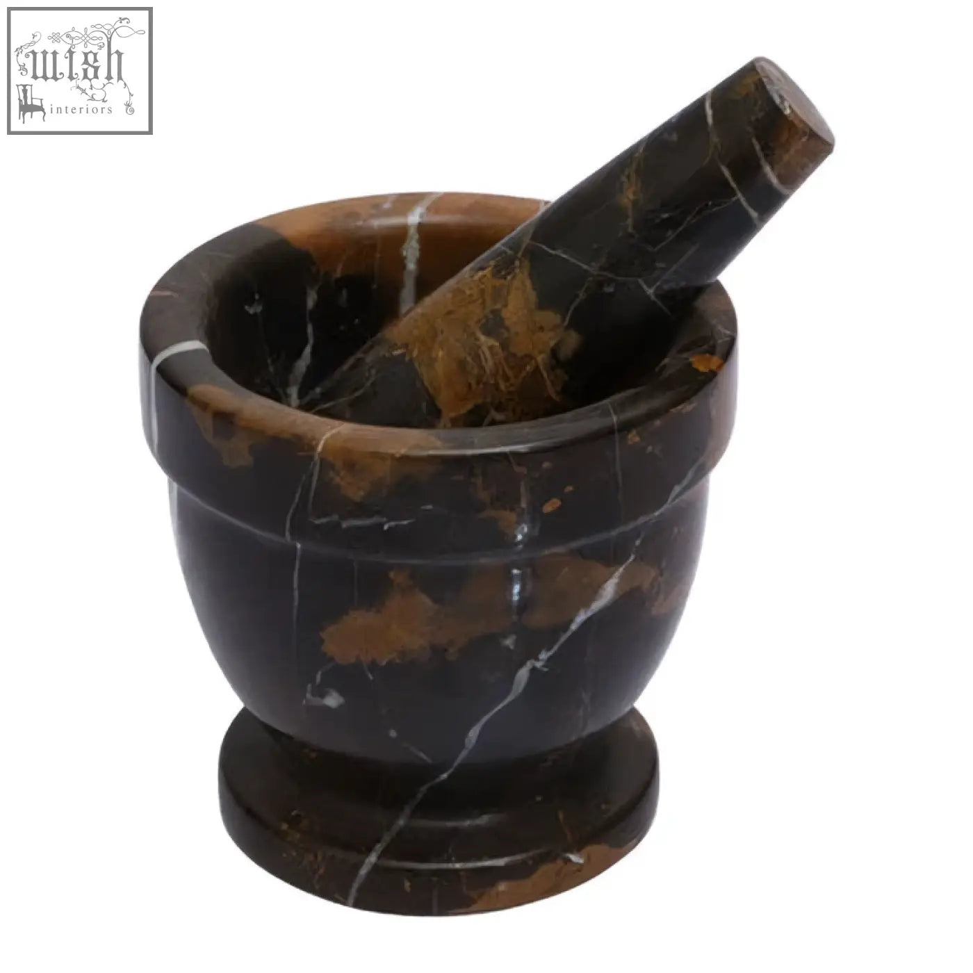 Dark brown marble mortar and pestle set with swirling gold marble veining perfect for grinding spices
