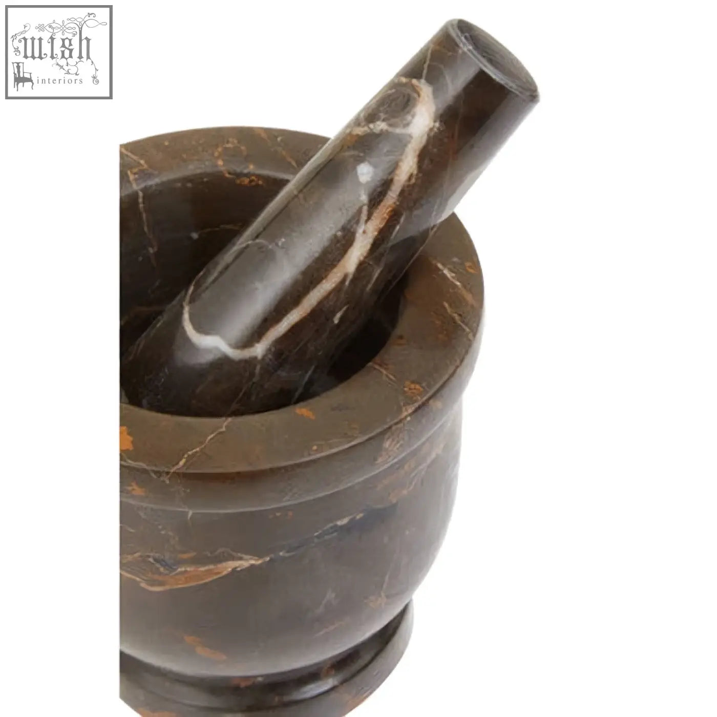 Dark brown marble mortar and pestle with subtle white veining in a gold marble mortar style for grinding herbs