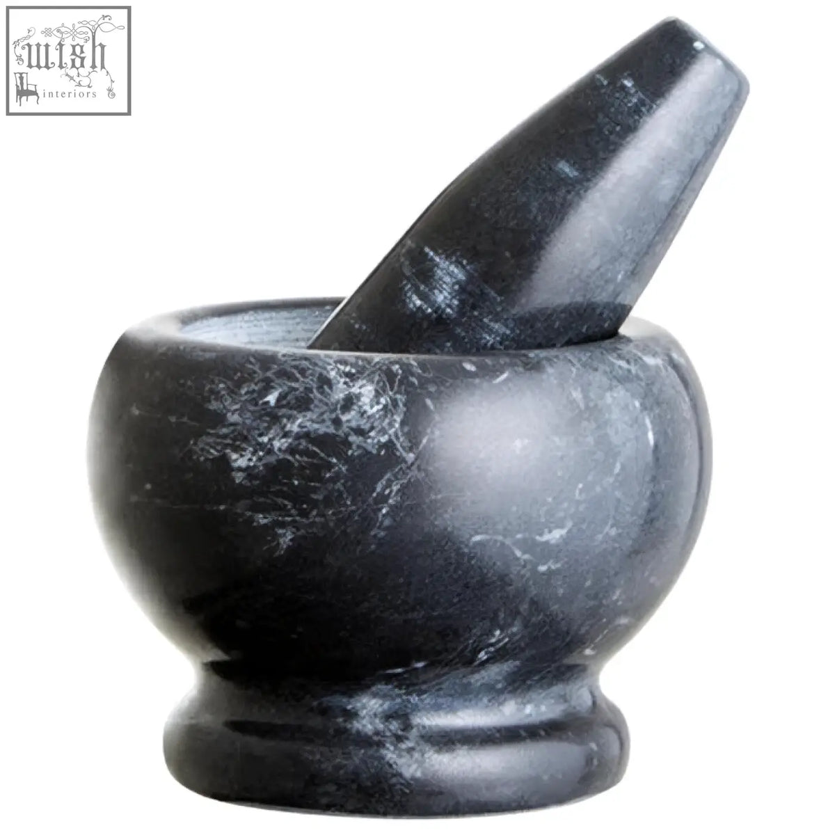 Marmore black marble mortar and pestle set with a smooth polished finish perfect for grinding spices and herbs