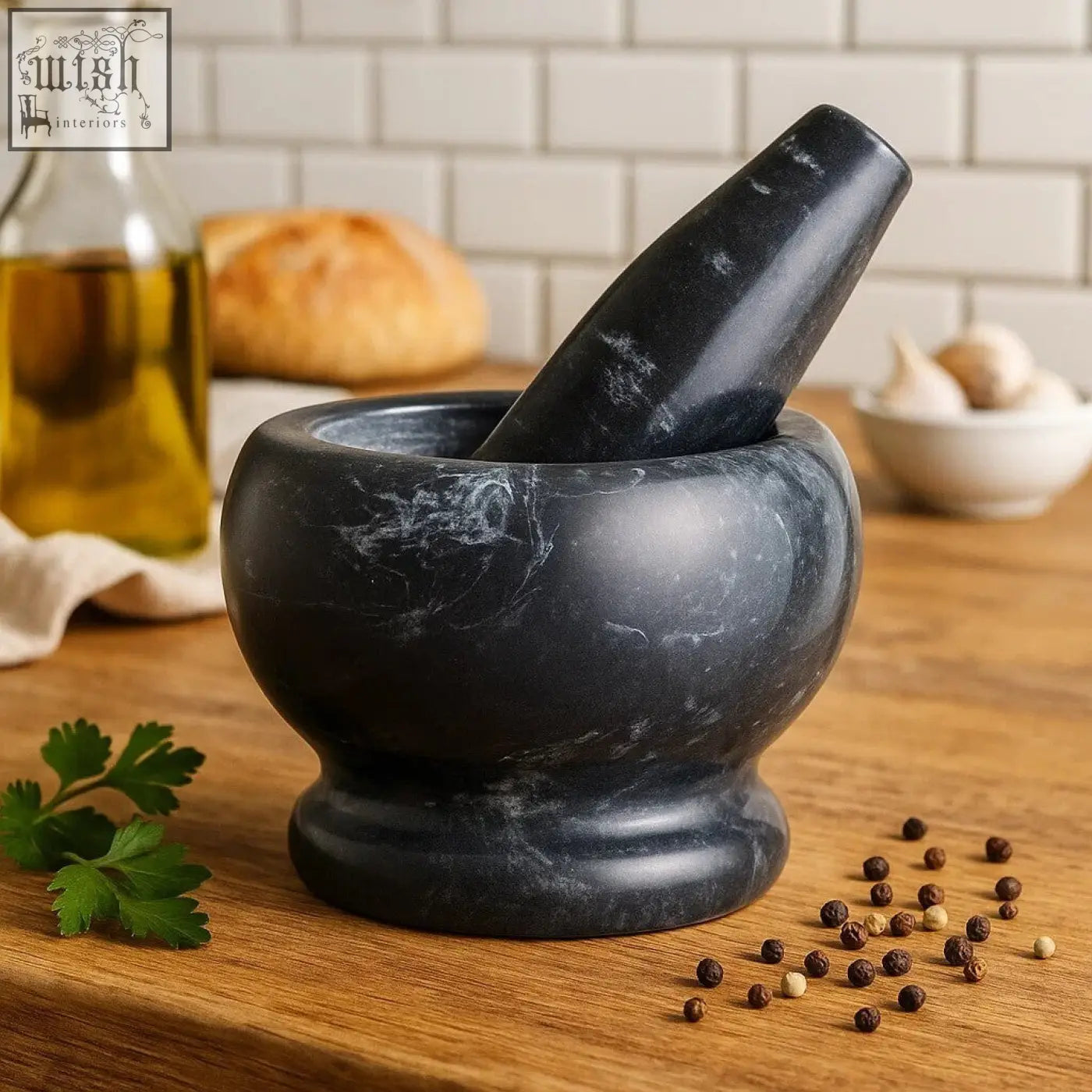 Marmore black marble mortar and pestle set with smooth polished finish perfect for grinding spices and herbs