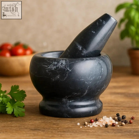 Marmore black marble mortar and pestle set with smooth polished finish perfect for grinding spices and herbs