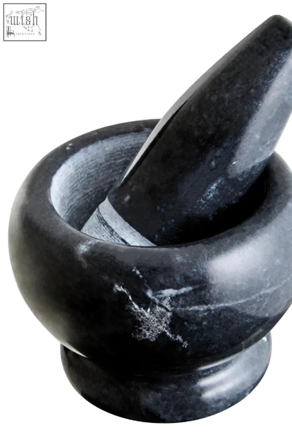 Marmore black marble mortar and pestle set in black granite with a smooth polished finish for grinding spices