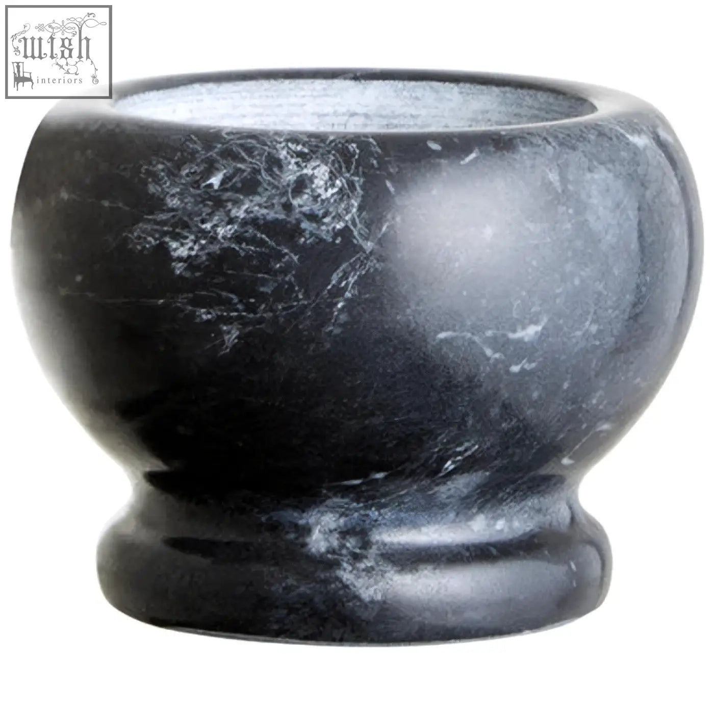 Marmore black marble mortar with smooth polished surface and subtle white veining for grinding herbs and spices