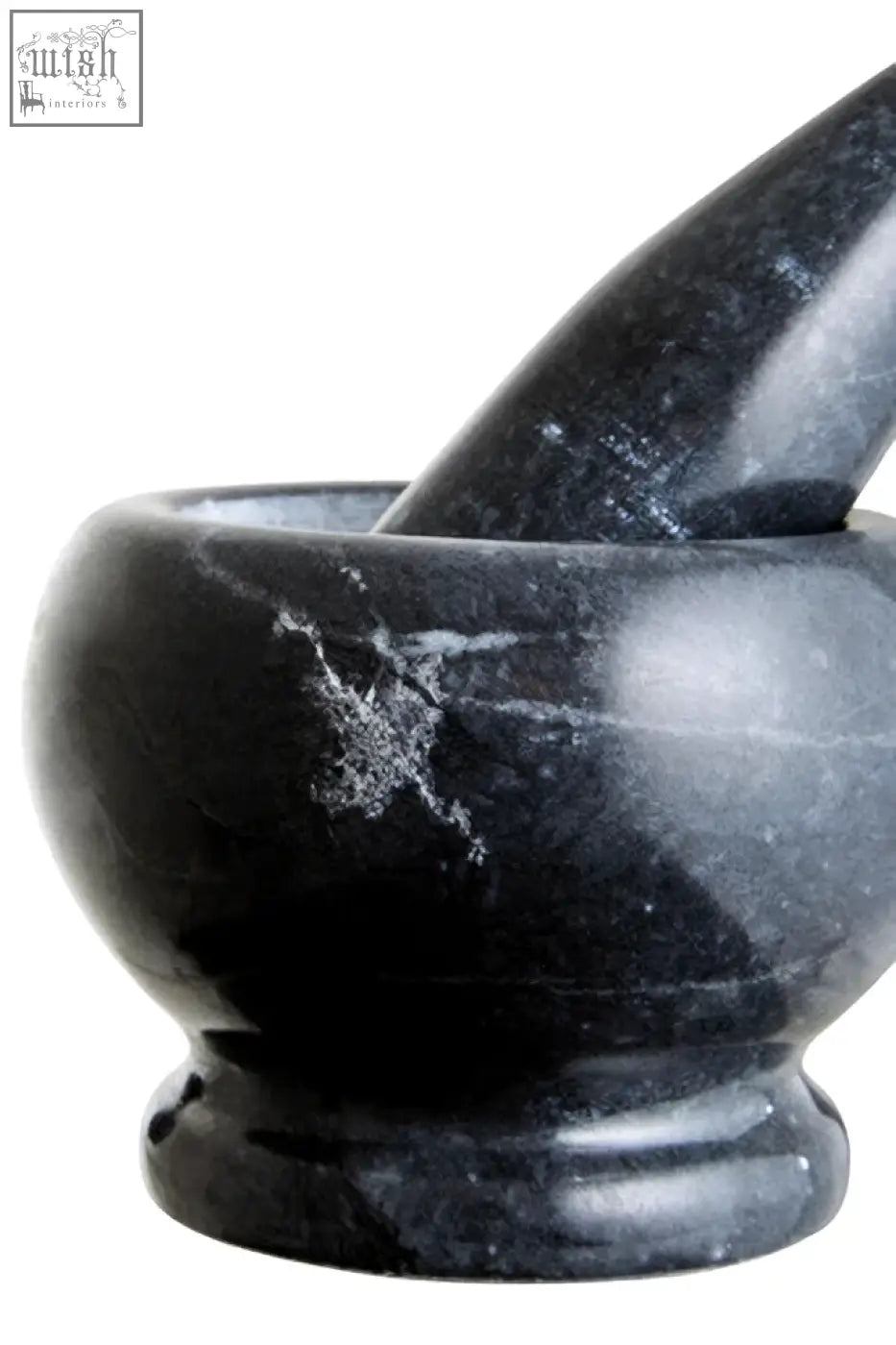 Black marble mortar and pestle set with smooth polished surface and gray veining from marmore black marble collection
