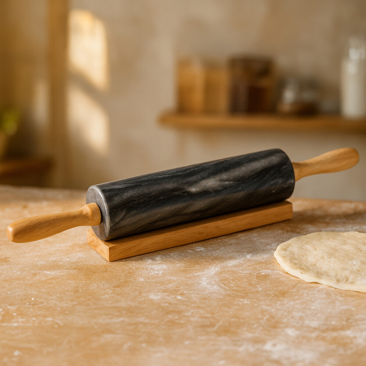 Dark gray black marble rolling pin with wooden handles resting on a matching wooden stand for baking use