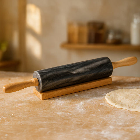 Dark gray black marble rolling pin with wooden handles resting on a matching wooden stand for baking use