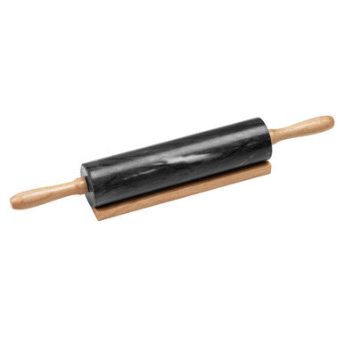Black marble rolling pin with wooden handles and matching wooden stand for easy storage and use
