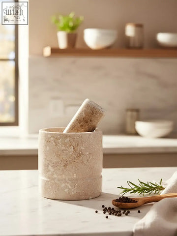 Beige marmore cream marble mortar and pestle set with textured speckled finish for grinding and crushing spices