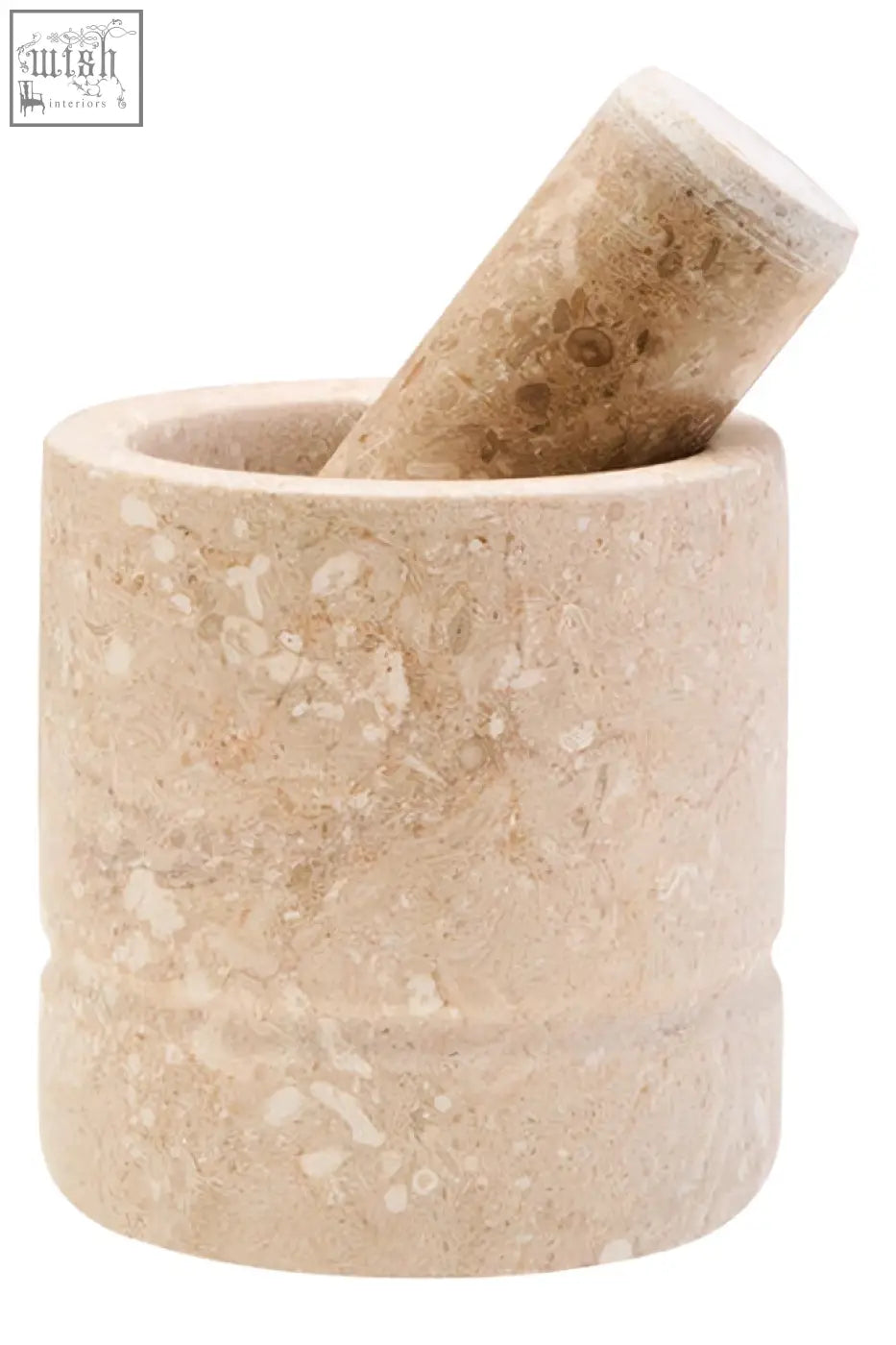 Beige marmore cream marble mortar and pestle set with textured natural finish for grinding and crushing herbs