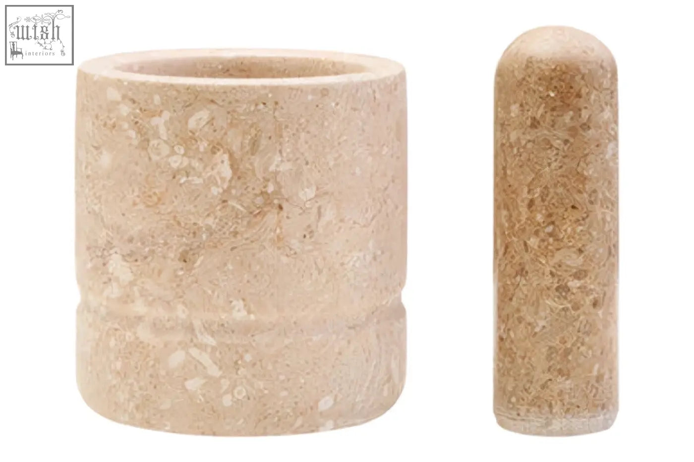 Beige stone mortar and pestle set in marmore cream marble perfect for grinding spices and herbs at home