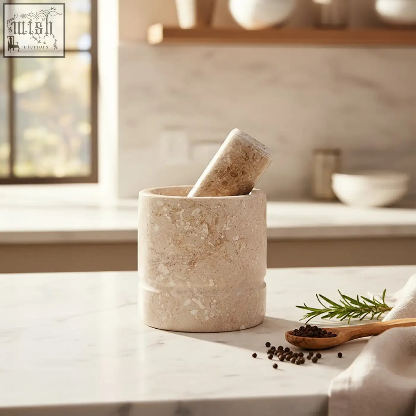 Beige stone marmore cream marble mortar and pestle with textured surface and subtle speckles cream marble mortar