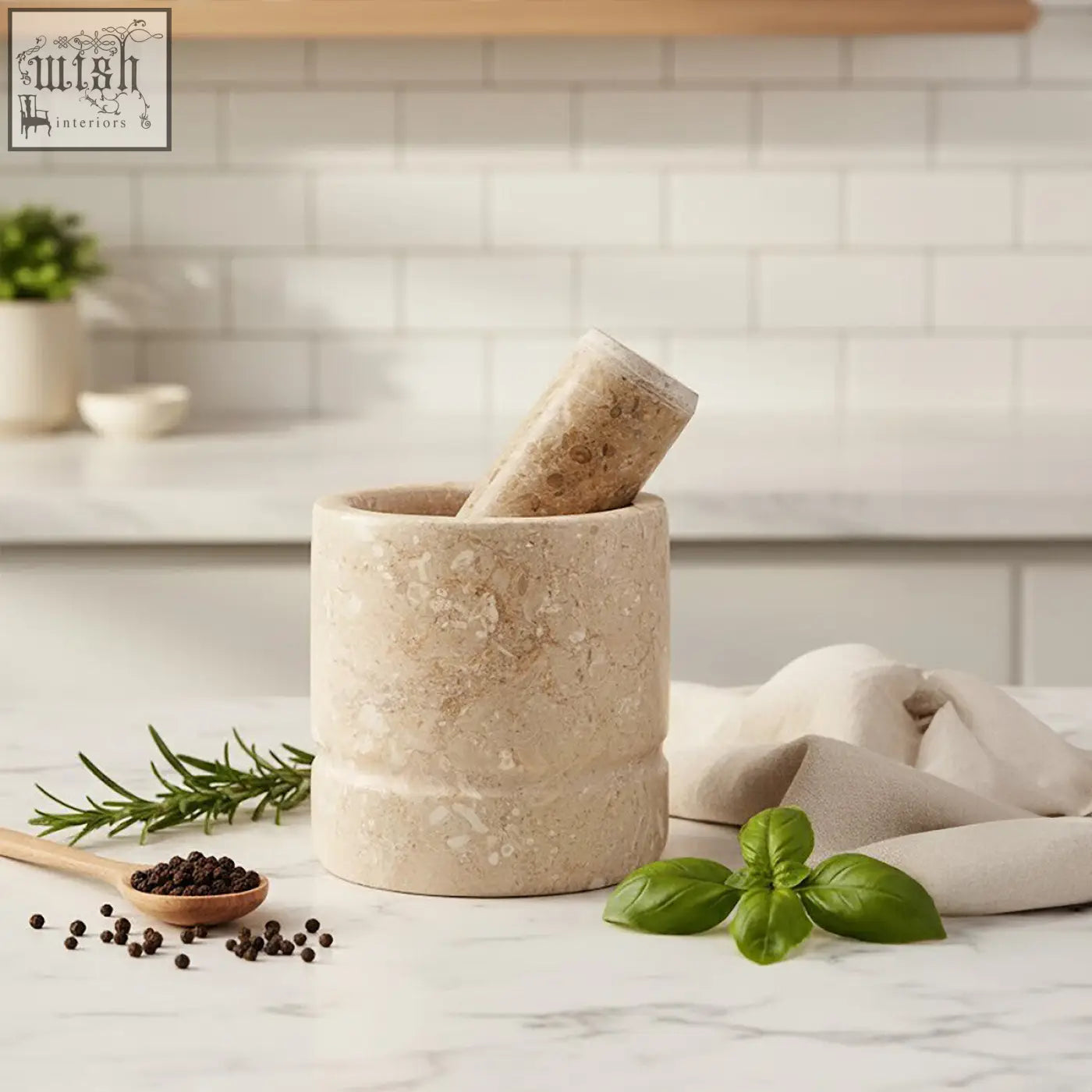 Beige marmore cream marble mortar and pestle with textured surface and classic cylindrical shape for grinding herbs