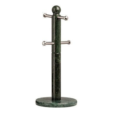 Dark green marble mug tree with polished silver hooks and a spherical top from marmore green marble collection