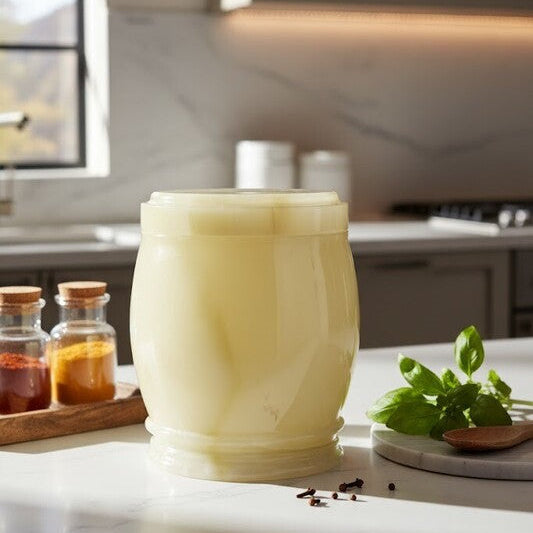 Cream-colored ceramic marmore onyx storage jar with matching lid and subtle vertical ridges for stylish storage