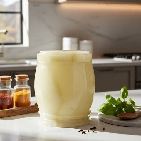 Cream-colored ceramic marmore onyx storage jar with matching lid and subtle vertical ridges for stylish storage