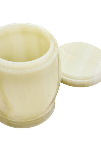 Cream-colored smooth marmore onyx storage jar with matching lid for stylish onyx storage and decor