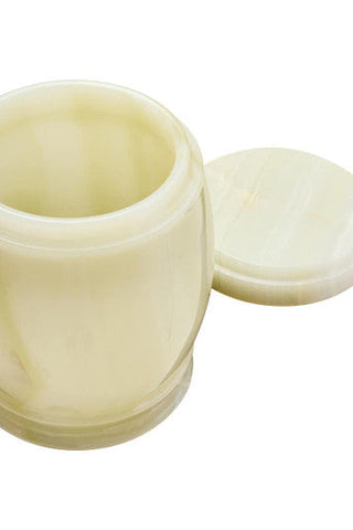 Cream-colored smooth marmore onyx storage jar with matching lid for stylish onyx storage and decor