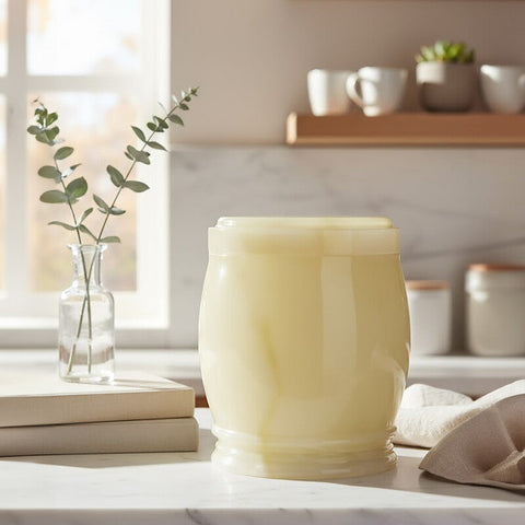 Cream-colored translucent ceramic marmore onyx storage jar with smooth rounded body and ridged base