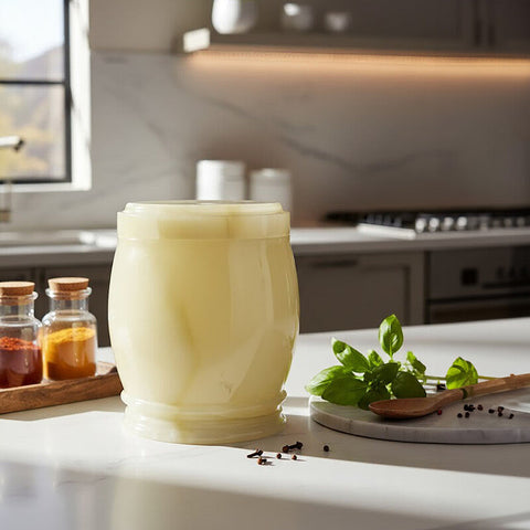 Cream-colored translucent marmore onyx storage jar with matching lid and subtle vertical ridges