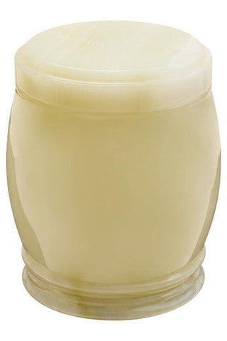 Cream-colored translucent marmore onyx storage jar with matching lid and rounded cylindrical shape