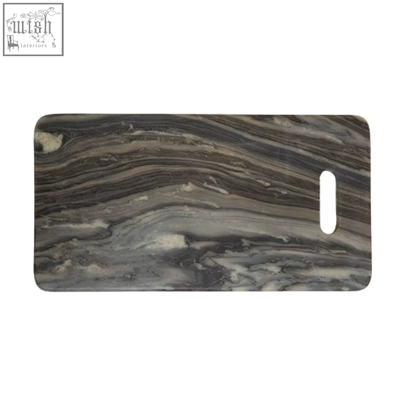 Gray and black marble patterned rectangular black marble chopping and serving board with white oval cutout tag