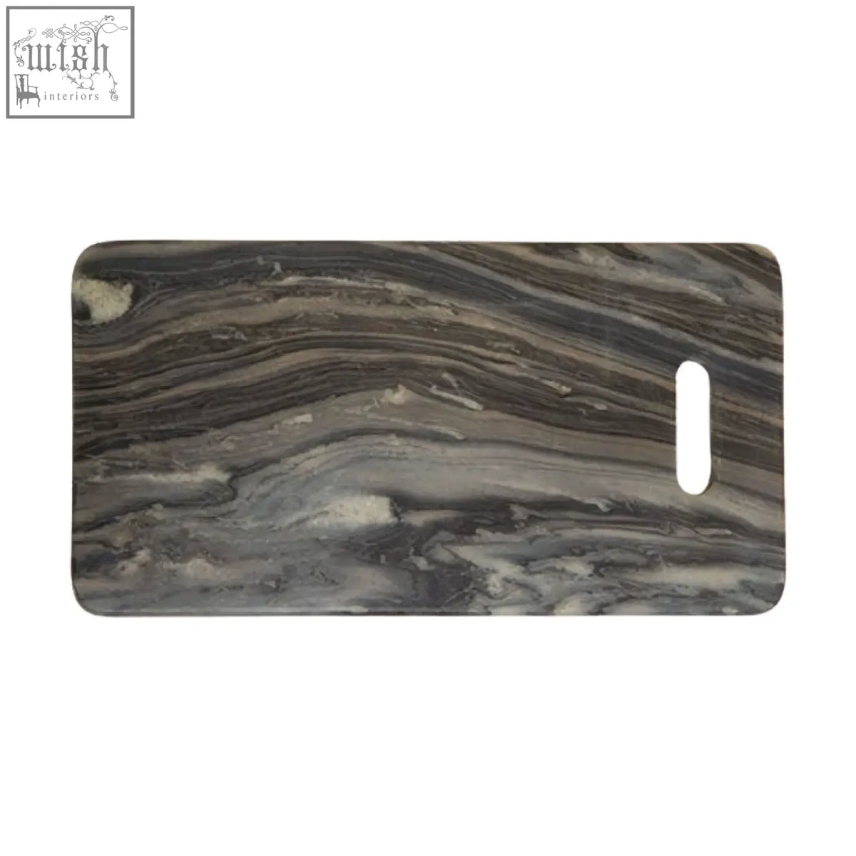 Gray and black marble patterned rectangular black marble chopping and serving board with white oval cutout tag