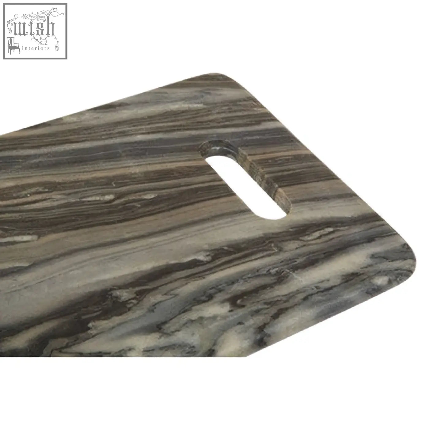 A sleek marmore rectangular black marble chopping and serving board with natural stone gray and beige swirls