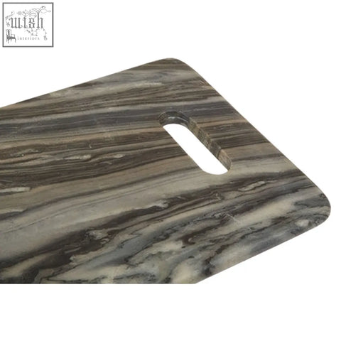 A sleek marmore rectangular black marble chopping and serving board with natural stone gray and beige swirls