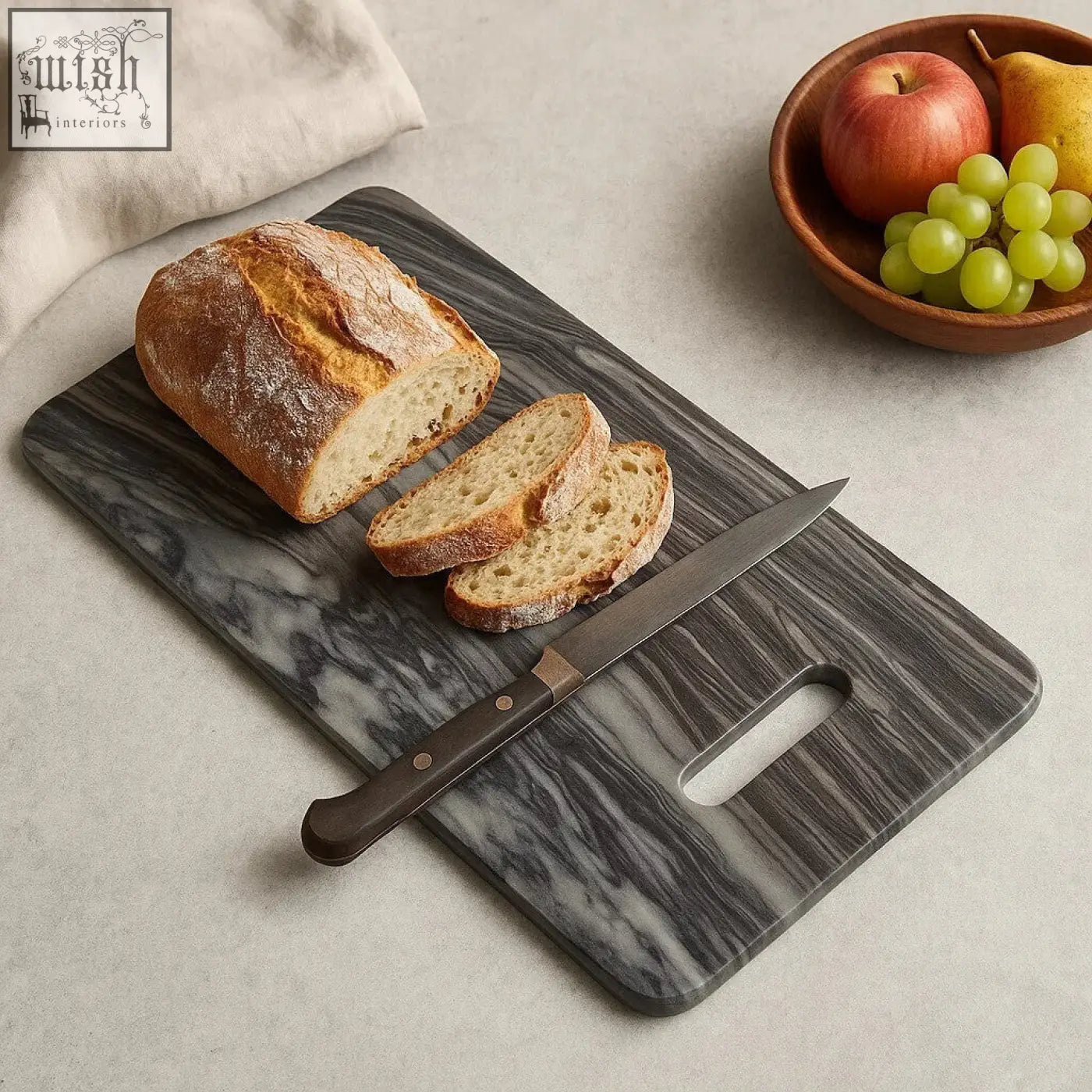 Dark gray and white marbled marmore rectangular black marble chopping and serving board with a sleek modern design